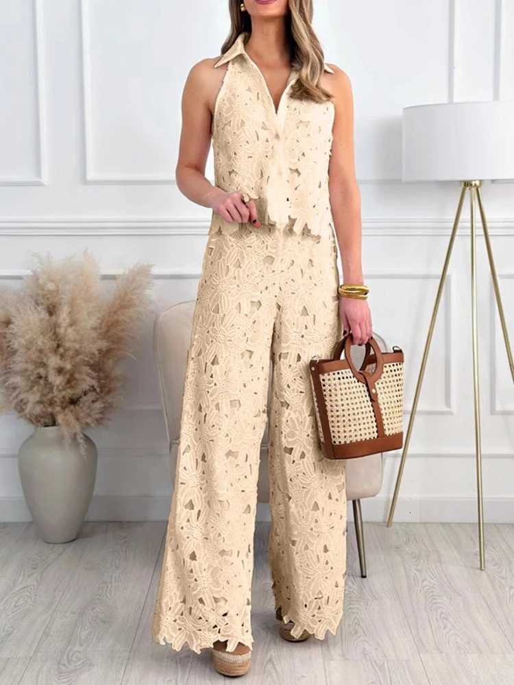 Summer Set Woman Hollow Out Shirt Pants Set Lace Fabric Casual Sleeveless Vest Two Piece Pants Set Wholesale DropshippingT251022