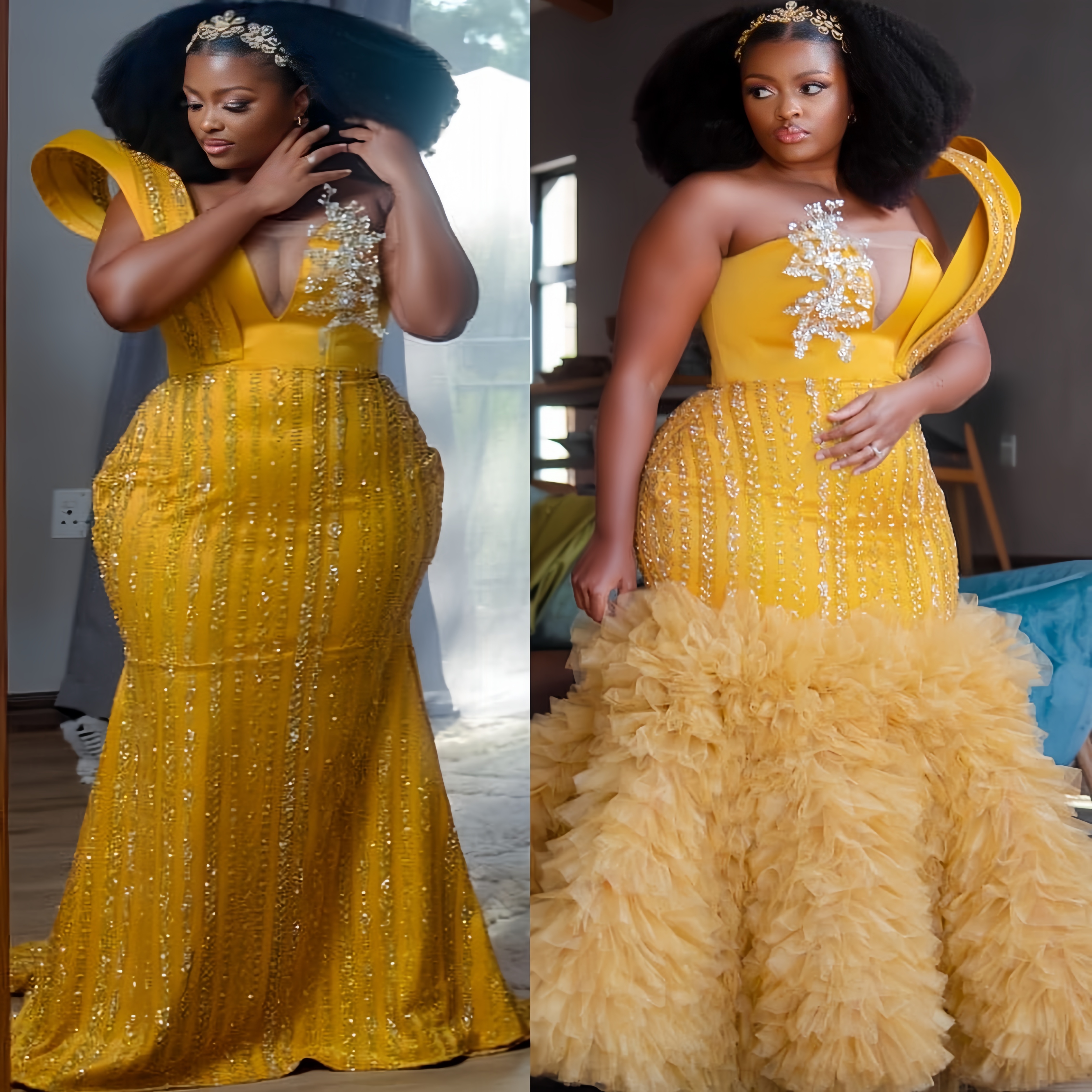 Yellow Mermaid Prom Dresses 2026 Crystals Sequined Detachable Train Evening Formal Party Second Birthday Engagement Gowns Plus Size Dress For Special 