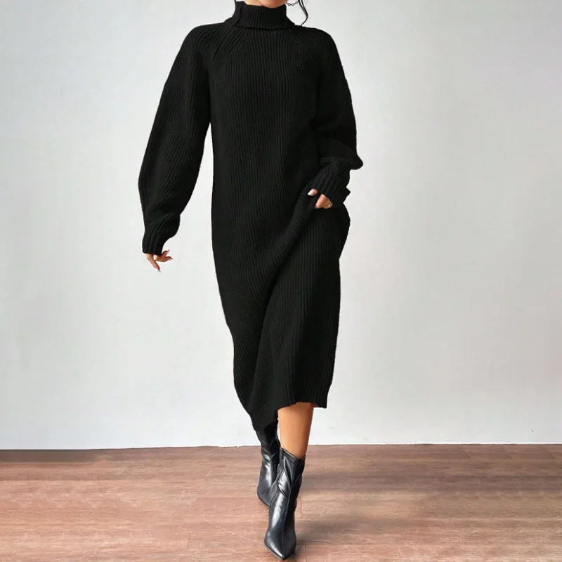2025 Winter Knit Dresse Turtleneck Straight Long Dress Autumn Solid Full Sleeve Thick Casual Vestidos Basis Lady 251016