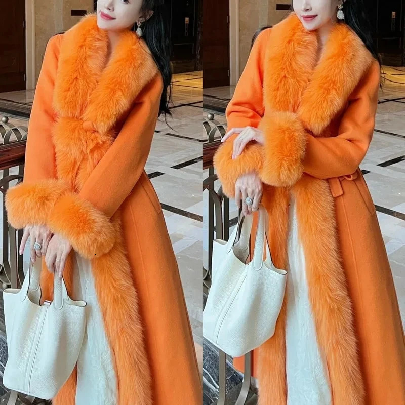 s Doublesided Cashmere Coat Women Elegant Fox Fur Collar XLong Overknee WaistSlim Large Size Woolen Coats 6XL 251020