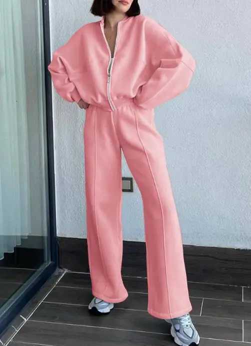 Solid Color Round Neck Zipper Front Loose Jacket and Lace Up High Waisted Straight Leg Pants Set Autumn Womens Sports SetT251022