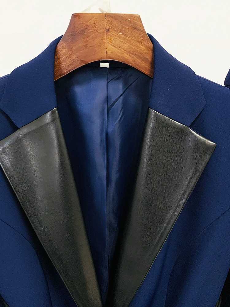 HIGH STREET Newest 2024 SS Runway Designer Suit Set Womens Leather Collar Belted Blazer Pencil Pants Set 2pcsT251022