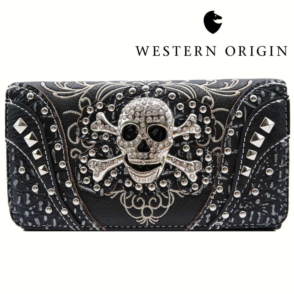 Punk Gothic Rock Metallic Day Of The Dead Floral Sugar Skull Faux Leather Purse Women Handbag Shoulder Bag Wallet Set