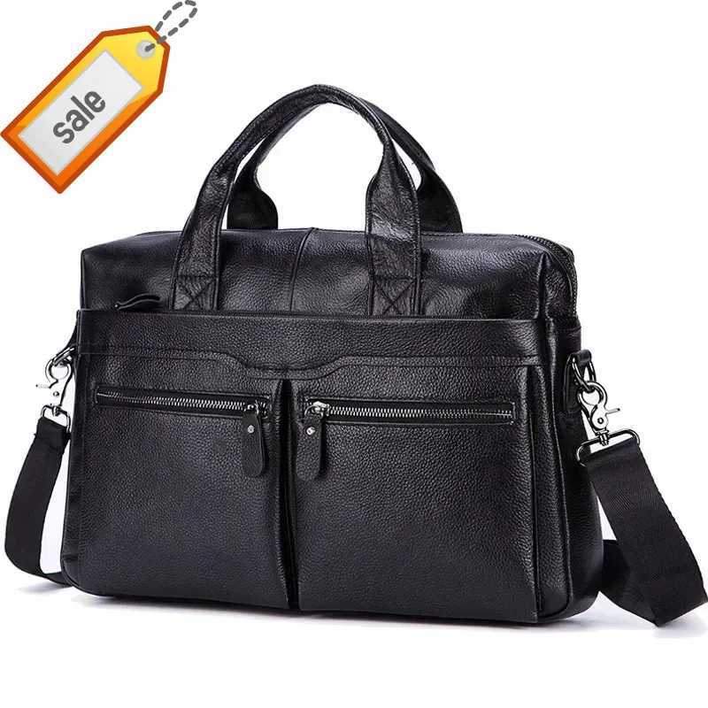 Black Men Genuine Handbags Large Leather 14 Laptop Messenger Business Mens Travel Shoulder Bags Briefcase W251022