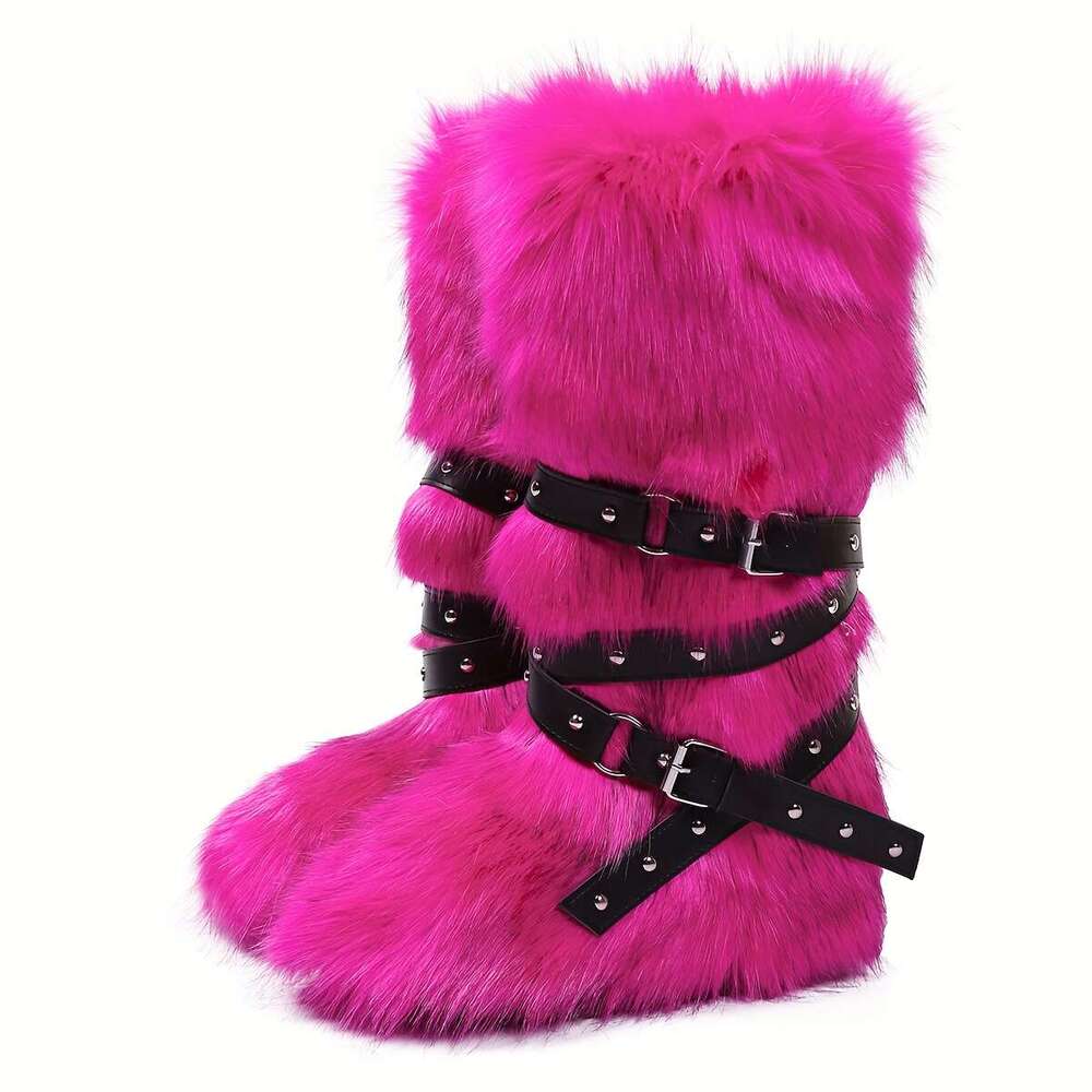 Women's Faux Fur Knee-High Buckle Stud Decorations Punk Style Plush Lining, Round Toe Flat Sole, Soft Microfiber Upper Rubber Outsole Cozy Indoor