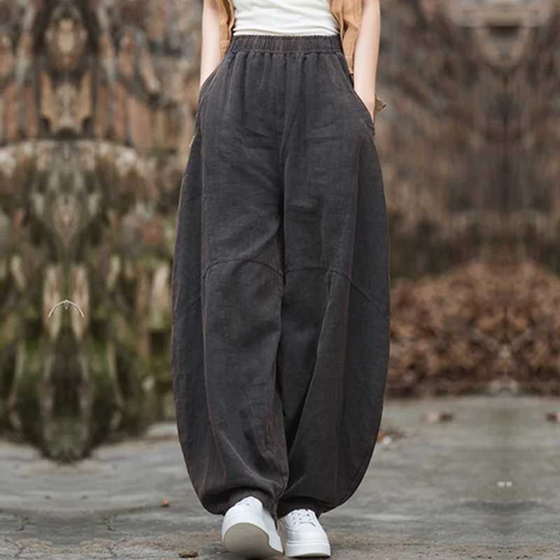 Elegant Womens Cotton Linen Baggy Cargo Pants Vintage Elastic Waist Yoga Trousers Loose Casual Long Wide Leg Oversize ClothesT251022