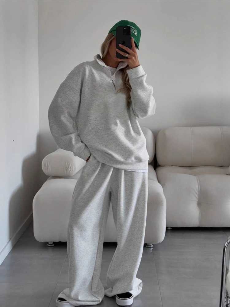 Oversize Pullover LaceUp Sweatpants TwoPiece Women Fashion HalfOpen Collar LongSleeved Sweater Trousers Casual Pant SuitT251022