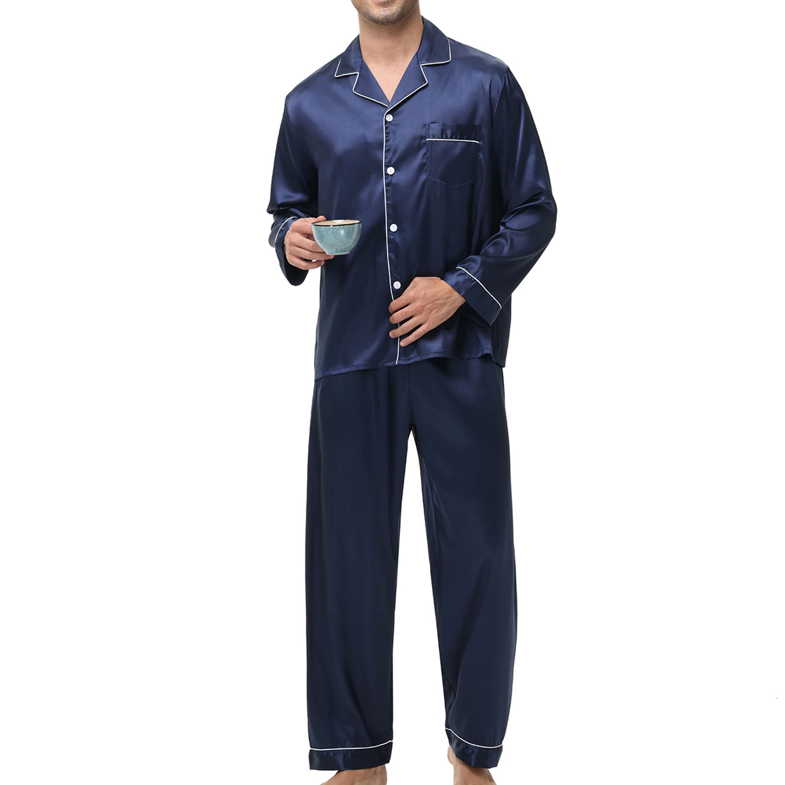 Mens Casual Sleepwear Ice Silk LongSleeved Pajamas Set Comfortable Twopiece Loungewear Male Autumn Winter Loose Homewear 251018
