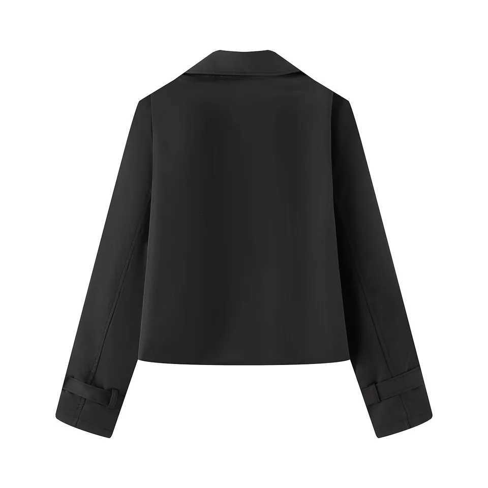 PBZA2025 autumn new womens loose version flat lapel long sleeve doublebreasted short imitation windbreaker jacket Y251105