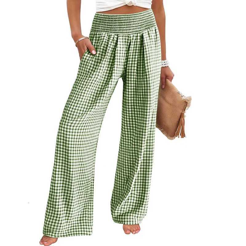 Elegant Retro Solid Baggy Pants Women Loose Elastic High Waist Pocket Plaid Printed Wide Leg Pants For Women Casual TrousersT251022