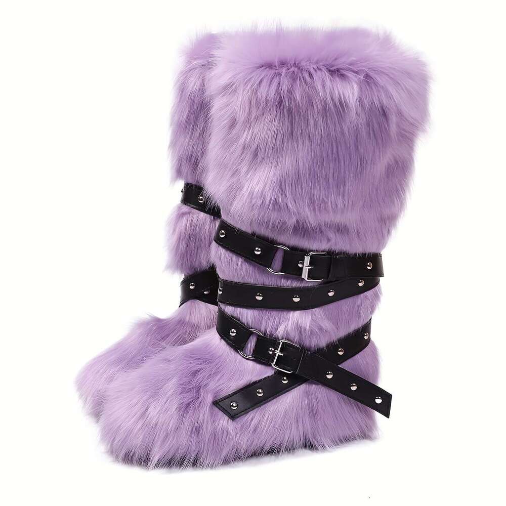 Women's Faux Fur Knee-High Buckle Stud Decorations Punk Style Plush Lining, Round Toe Flat Sole, Soft Microfiber Upper Rubber Outsole Cozy Indoor