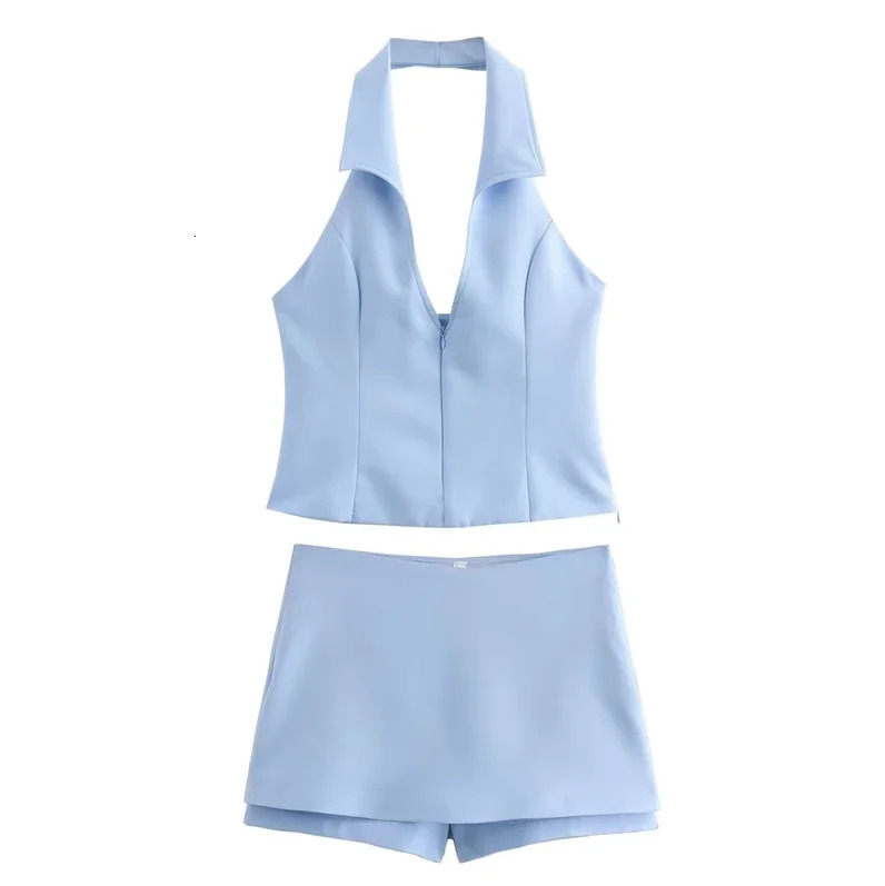 Women Summer 2 Piece Set High Waist Back Pocket Mini Skirts Shorts Sexy VNeck Sleeveless Backless Suspender Zipper Top 251020