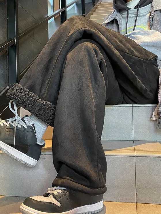 Womens Suede Thickened Straight Leg Pants Korean Style Wide Leg Autumn Winter New Student Fashion Casual TrousersT251022