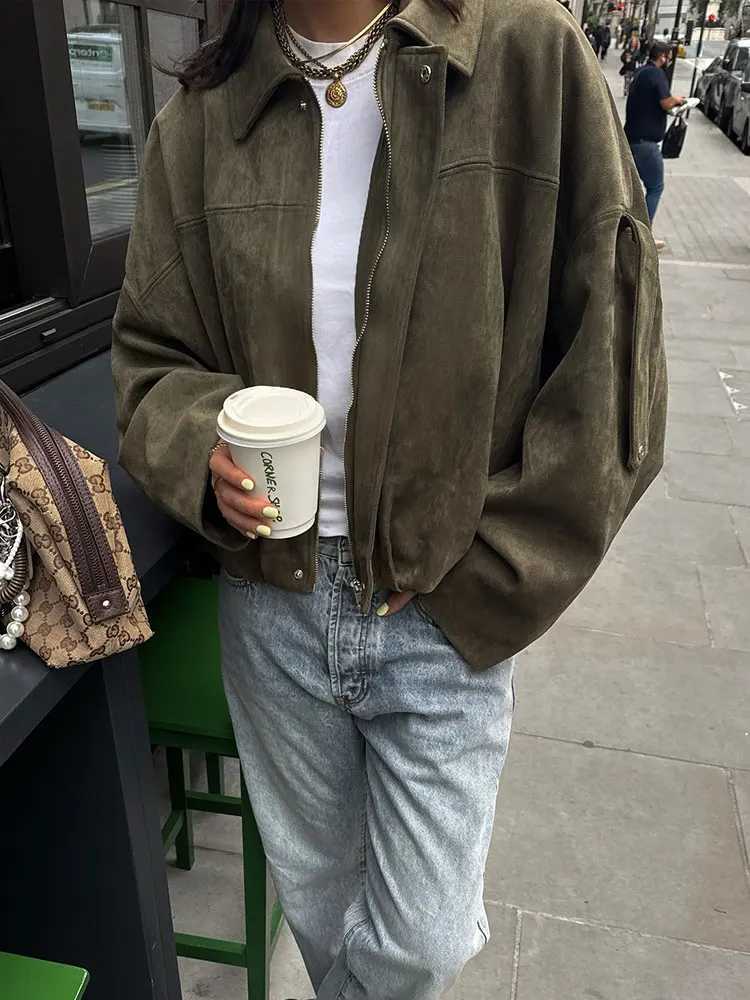 HH Autumn Women Loose Casual Suede Overcoat Jackets Vintage Solid Long Sleeve Zipper Bomber Jacket Fashion Lady Streetwear Coats Y251105