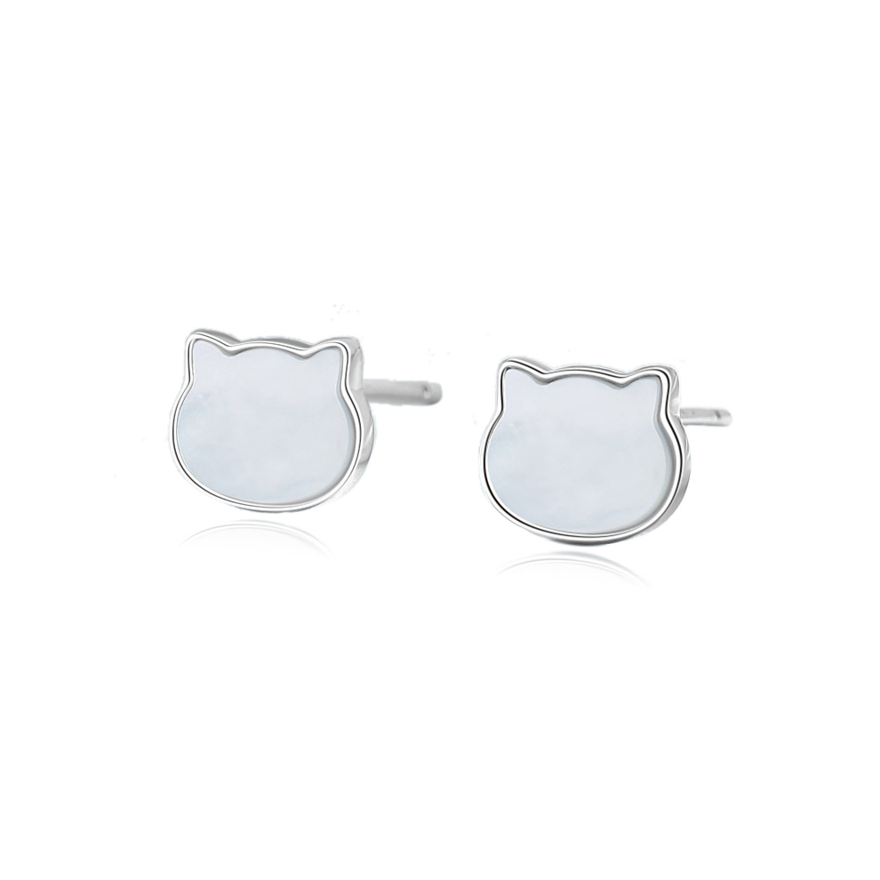 TaiYang S925 Sterling Silver Mother of Pearl Kitten Stud Earrings, Minimalist Shell Earrings for Girls and Sensitive Ears
