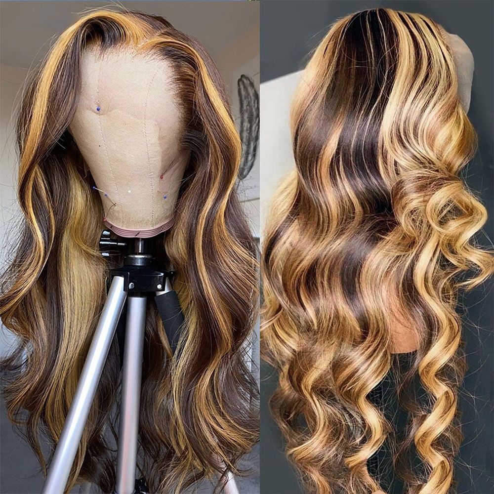 Honey Blonde Body Wave 13X4 HD Lace Frontal Wig Pre Plucked Highlight Color Transparent Lace Front Human Hair Wig for Women