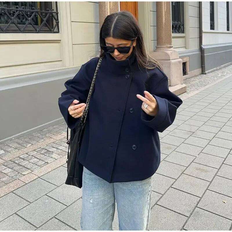 Women Fashion Stand Collar Woolen Jacket Single Breasted Long Sleeve Female Coat Autumn Chic Street Office Short Outerwears