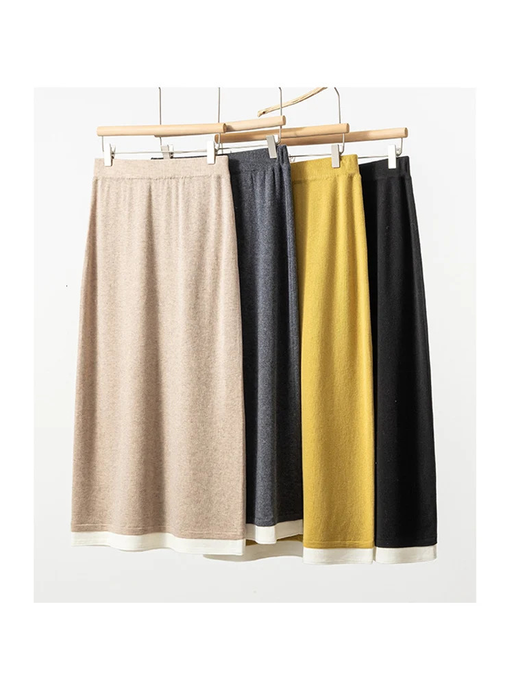 SuyaDream Women Long Skirt 324Sheep Wool Solid Woolen Knitted Skirts Autumn Winter Warm Under Dress Grey Khaki 251020