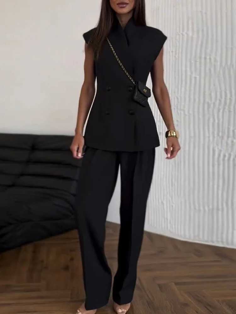 Elegant Solid Jacket Pants Set Women Sleeveless Double Breasted Stand Collar Top Straight High Waist Trousers Spring SuitT251022