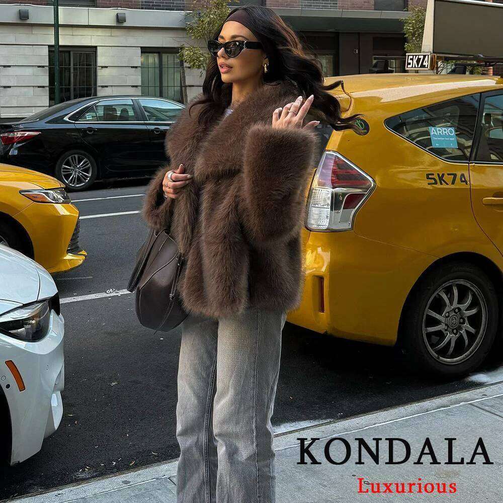 KONDALA Casual Brown Thick Jackets Women Long Sleeve V Neck Autumn Winter Faux Fur Coats Fashion 2025 Streetwear Outwears
