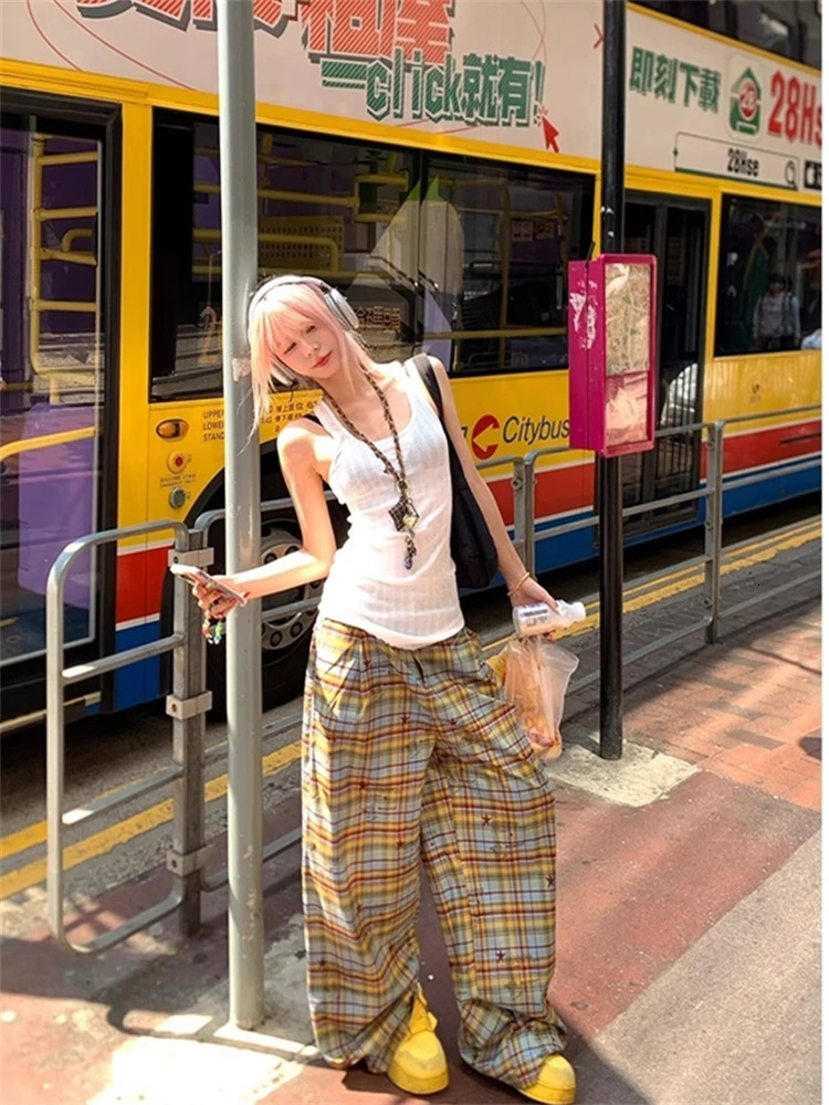 American Style Dopaamine Checkered Wide Leg Pants Women Summer Vintage Loose Casual Drapey Long Trousers Fashionable Loose Fit 251016