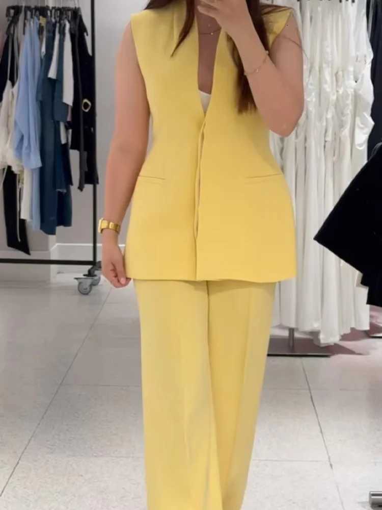 HH Women Pocket Decoration Commute Yellow Solid Pants Suit Sleeveless Button VNeck WaistcoatLoose Wideleg Zipper PantsT251022