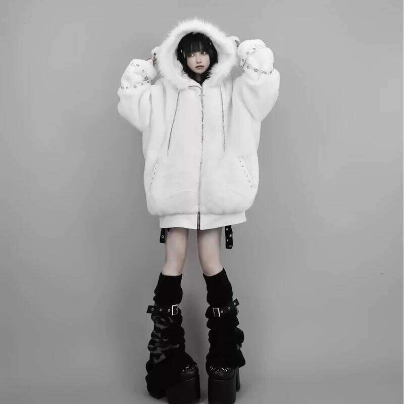 Mauroicardi Autumn Winter Oversized Warm Soft White Faux Fur Coat Women with Hood Haruku Fashion Fluffy Jacket Streetwear 2025