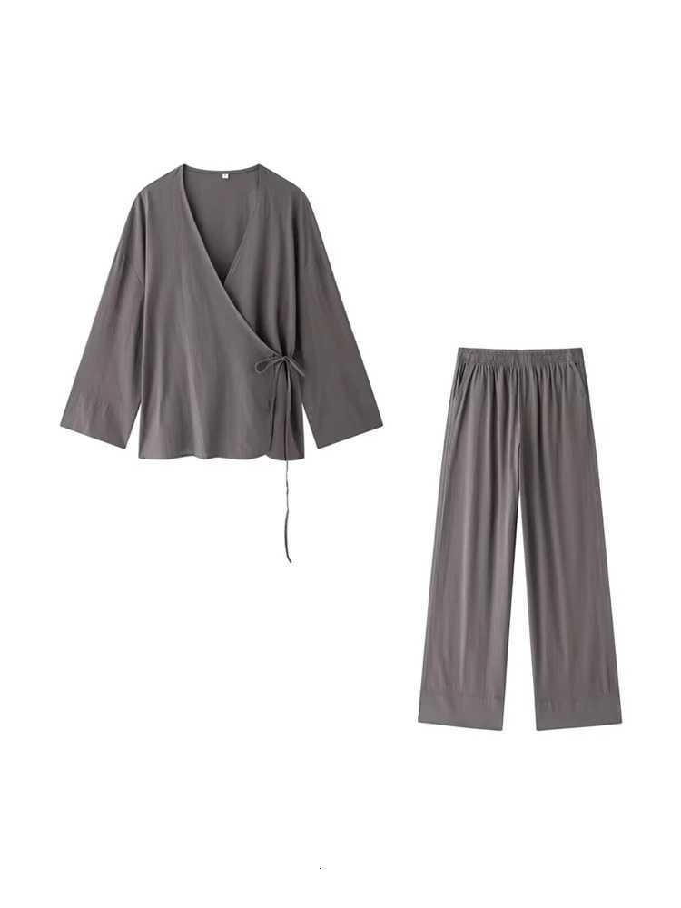 Women Fashion With Tied Loose Kimono Blouses And High Elastic Waist Side Pockets Pants Female Two Piece Sets MujerT251022