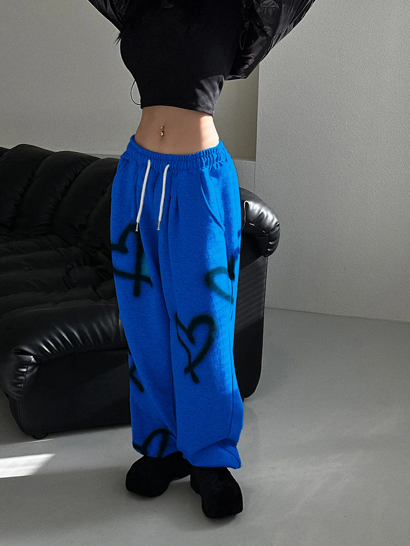 Womens Random Heart Print Drawstring Waist Sweatpants Y2k Pants Wide Leg 251017