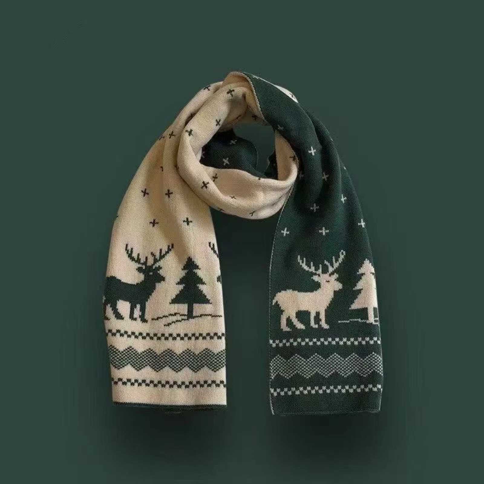 1PC Christmas Reindeer Scarf Knitted Warm Doublesided Pattern Winter Holiday Fashion Accessory For Women Girls Xmas Party Gift J251022