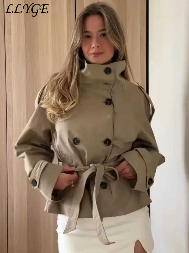 Elegant Womens Belt Cropped Trench Coats Stand Collar Double Breasted Full Sleeve Jacket 2025 Autumn Chic Commute Outwear New Y251105