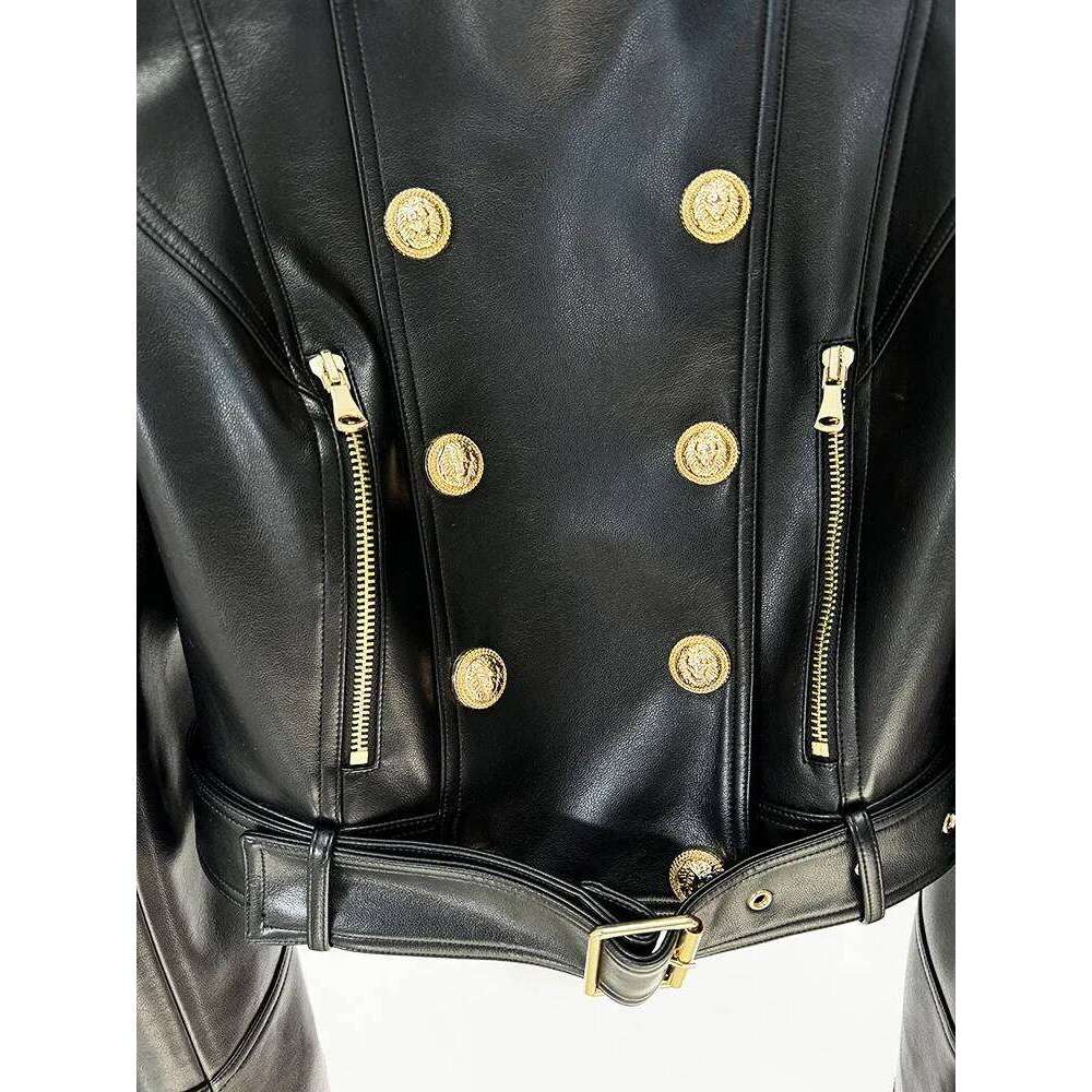 HIGH STREET New Fashion 2025 Designer Women's Peak Shoulder Double Breasted Lion Buttons Faux Leather Moto Jacket