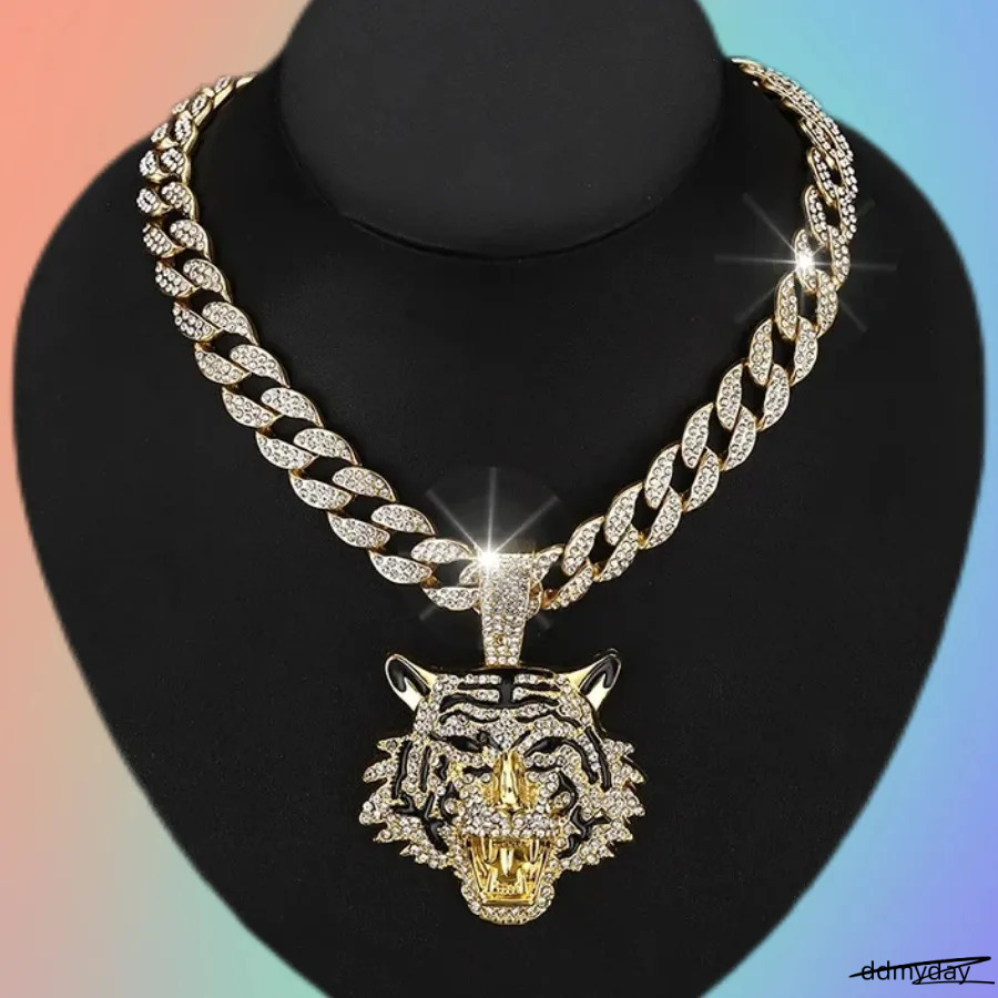 Men's Alloy Cuban Chain Necklace With 3D Tiger Pendant - Hip Hop Style Statement Jewelry Ddmyday