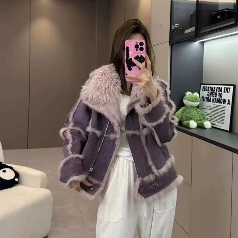 Winter Jacket Women 2024 Spring and Autumn Short Fur Sheepskin Tanned Suede Fabric Natural Rabbit Lining Fashion 251015
