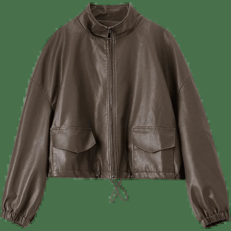 SENTUBILA Leather Jacket Women Autumn Fall Fashion Vintage Commute Loose Stand Collar Folds Pu Short Outerwears W51G87928 251017