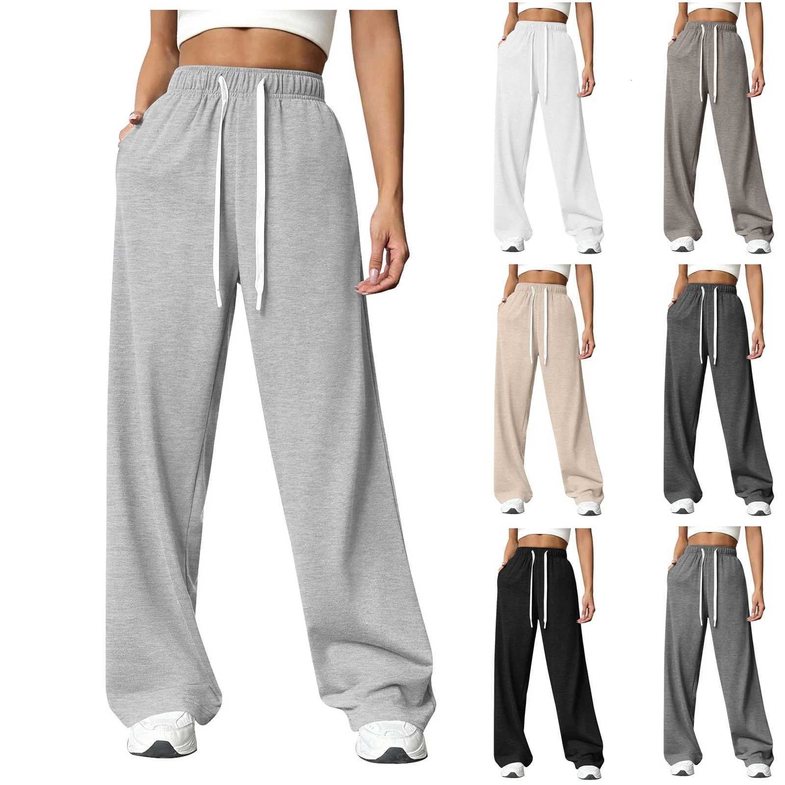 Women New Elastic Waist Pants with Side Pockets Fleece Lined Thick Wide Leg Sweatpants Pure Color Straight CutT251022