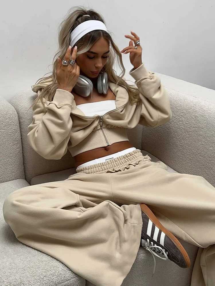 Kliou Casual Sporty 2 Piece Set Woman Zip Cardigan Full Sleeve Hooded Crop JacketElastic Waist Long Pants Daily Fashion OutfitsT251022