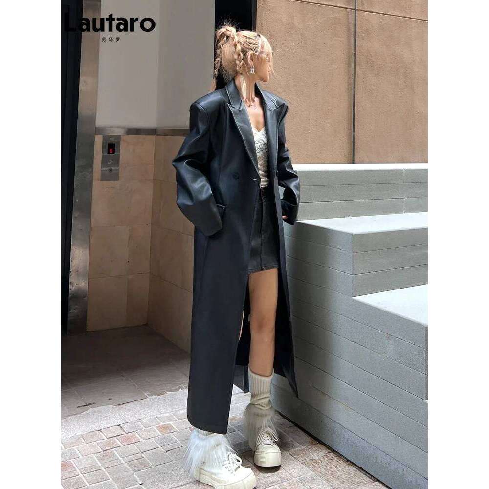 Lautaro Spring Autumn Extra Long Black Loose Pu Trench Coat for Women Shoulder Pads Double Breasted Faux Leather Blazer