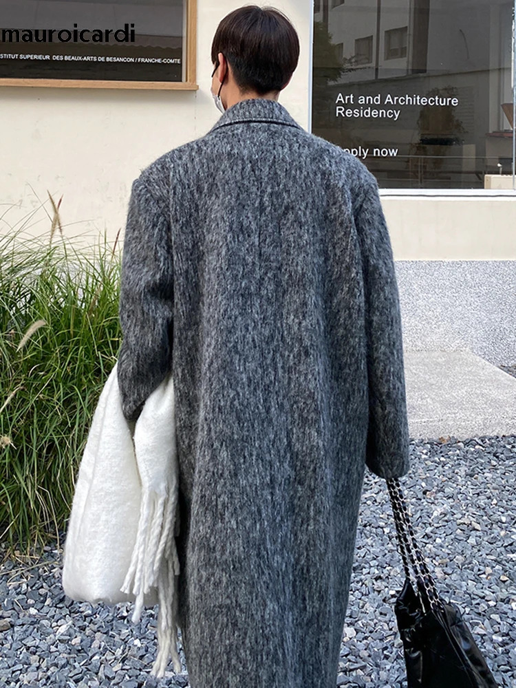 Mauroicardi Autumn Winter Long Gray Oversized Thickened Warm Soft Wool Blends Coat Men Double Breasted Korean Fashion 251016