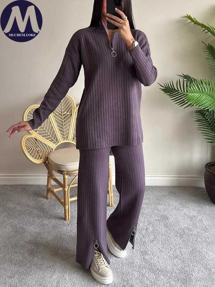 2 Pieces Set for Woman Autumn Winter Elegant Long Sleeved Zipper Knitted Sweater Tops Suits Fashionable Casual Loose Pant SetsT251022
