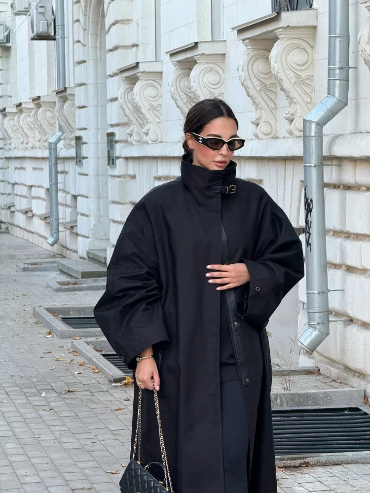 Black Stand Collar Trench Coat Women Fashion Long Sleeve Singlebreasted Loose Windbreaker Autumn Lady High Street Outwear 251021