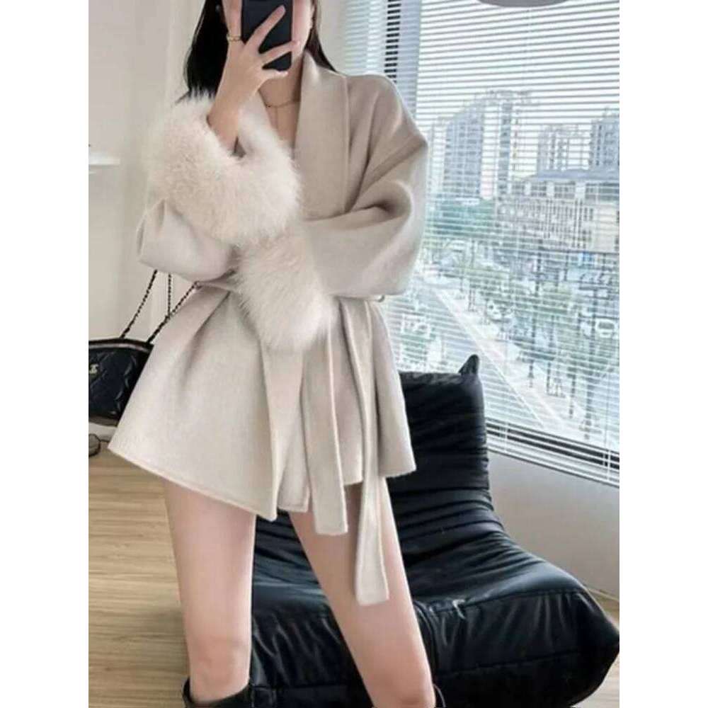 Elegant Lace Up Woolen Short Coat Solid Loose Lapel Furry Belt Long Sleeve Jacket Female 2025 Autumn Winter Lady Chic Cardigan