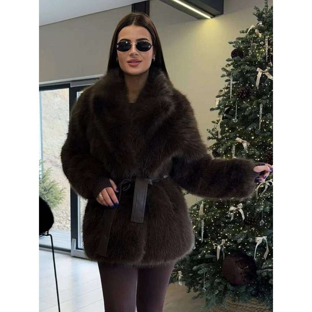 Fashion Women's Lapel Faux Fur Coat with Belt 2025 Winter Long Sleeve Female Thicken Warm Jackets Casual Lady Outerwear Street