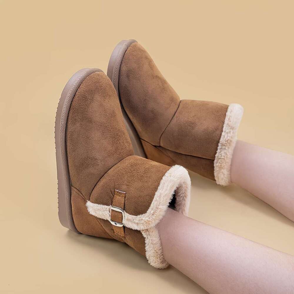 Girls' Winter Snow Boots, Non-Slip Buckle, Warm Faux Suede, EVA Sole, Mid-Calf Height, Solid Color, Pull-On, For Kids Ages 14 And Under