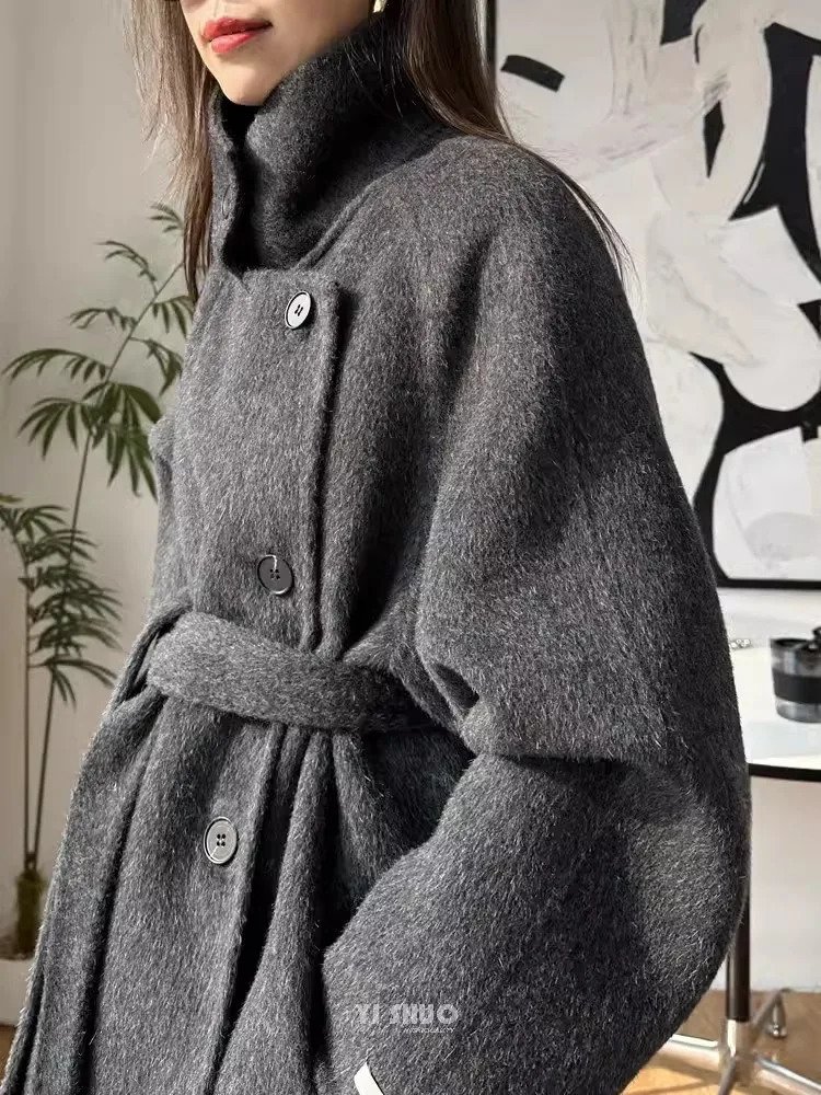 Korean Fashion Dark Gray Stand Collar 100Wool Coat Women Long Winter Jacket 251021