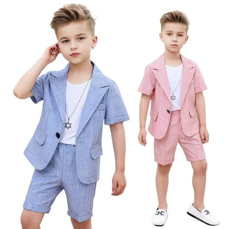 Childrenssummer Short Sleeve 2pcs Suit Set Boys Birthday Party Performance Pography Costume Kids Blazer Shorts Outft 251021