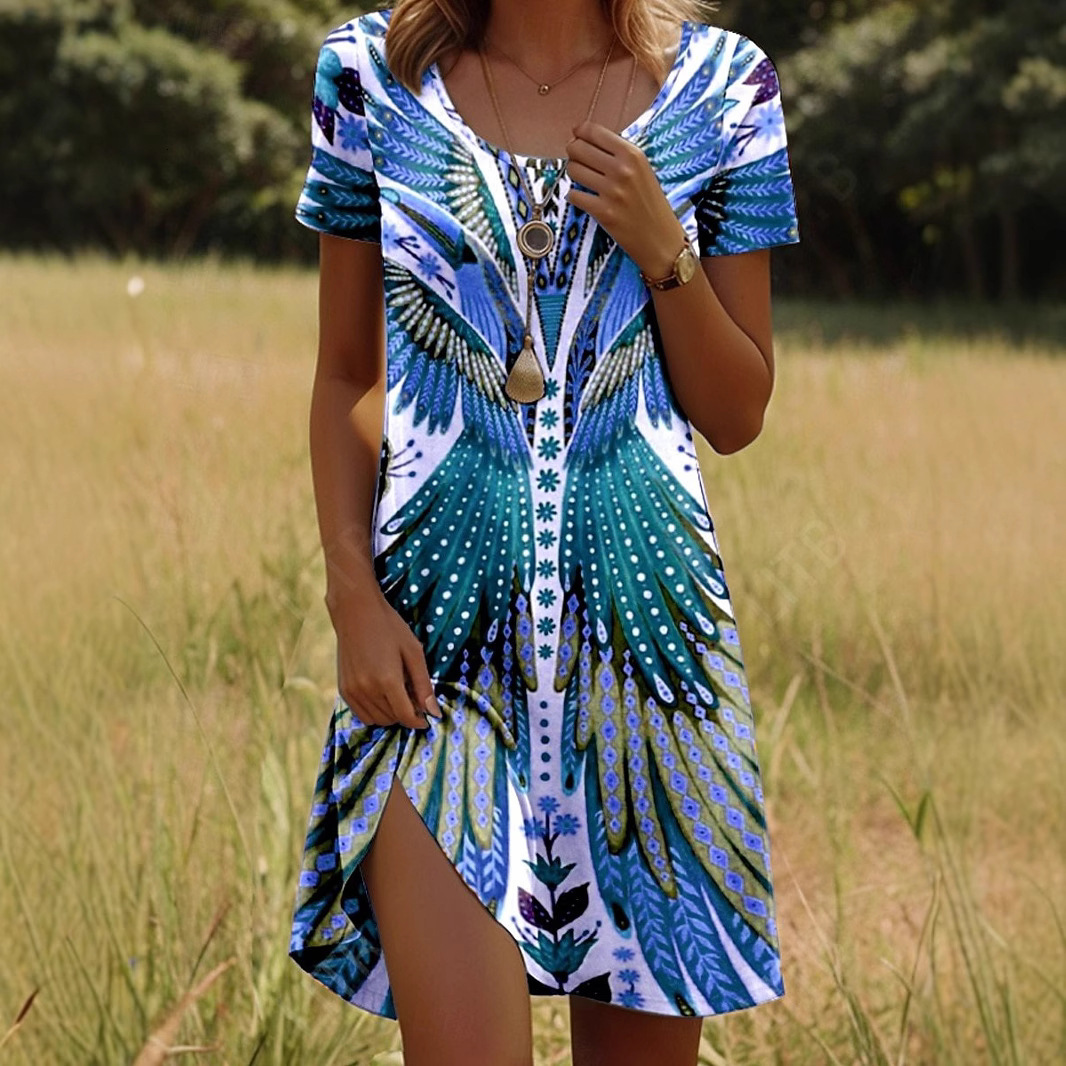 New fashion designer feather print element round neck short sleeved dress European and American women's dress