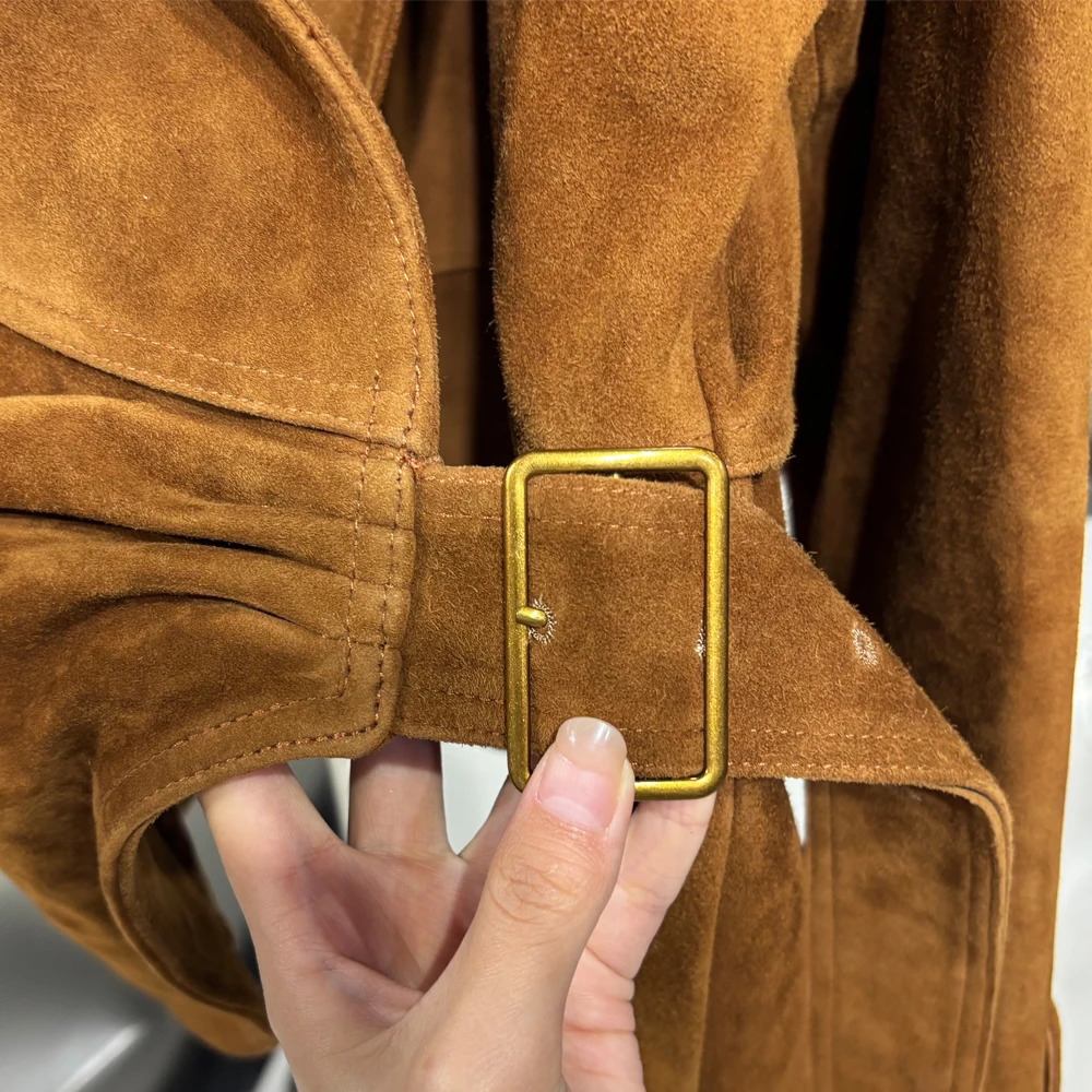 Elegant Real Sheepskin Leather Jacket for Women Oversized with Belt Autumn Fashion Female Outerwear 251021