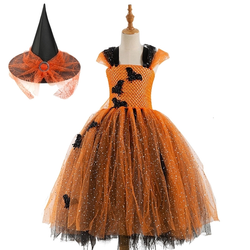 Sparkly Bat Halloween Costumes for Girls Kids Witch Long Tutu Dress Children Carnival Party Outfit Gold Black Ball Gown i251021