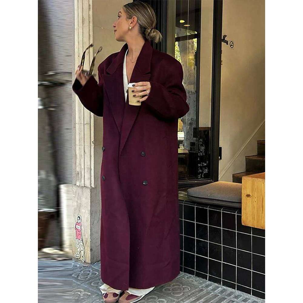 Suit Woolen Coat Bury Red Double Breasted Lapel Pockets Long Sleeves Women's Overcoat Winter Thicken Loose Outwear Top